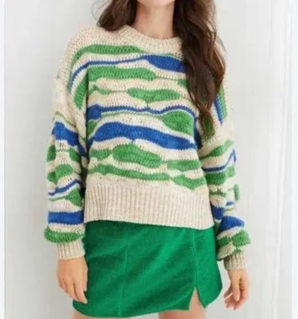Aerie Long Sleeve Crewneck Chunky Knit Sweater Tan Green Blue Small